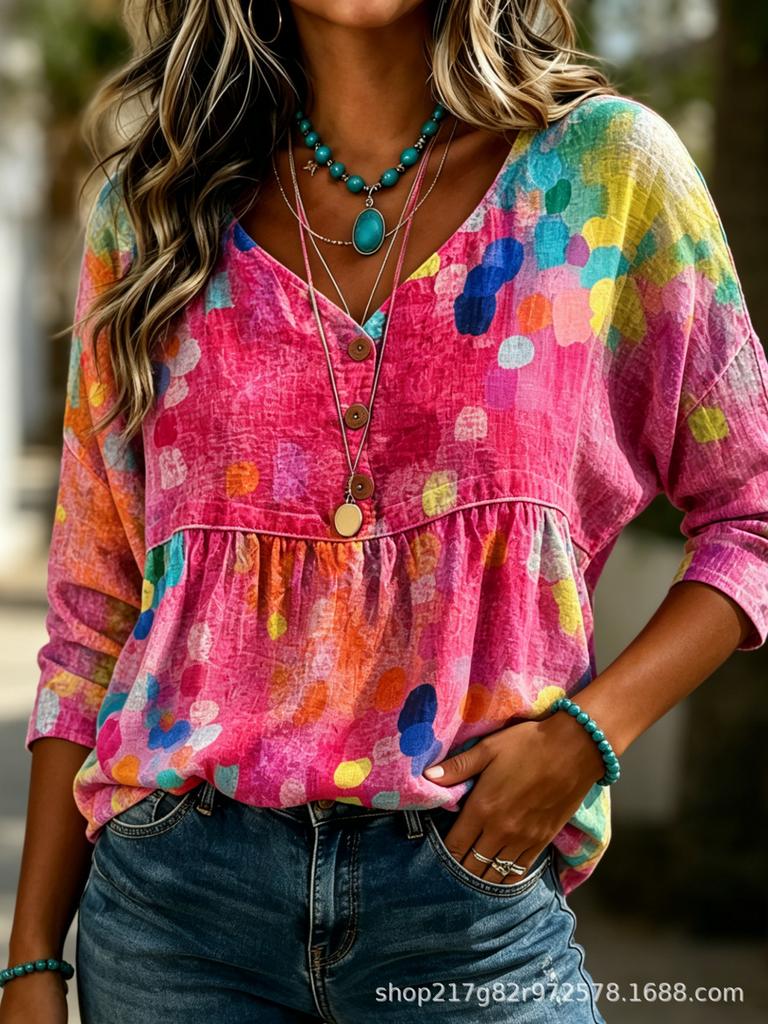 Sommer Damen T-Shirt V-Ausschnitt Lässig Siebenärmel Hemd D Bedrucktes Böhmisches Oberteil