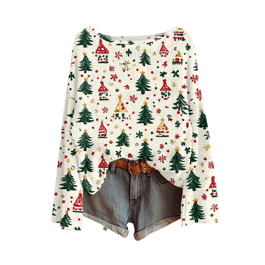 Women's Fashion Christmas Print Lightweight Sweater Casual Long-Sleeve Knit Pullover Top