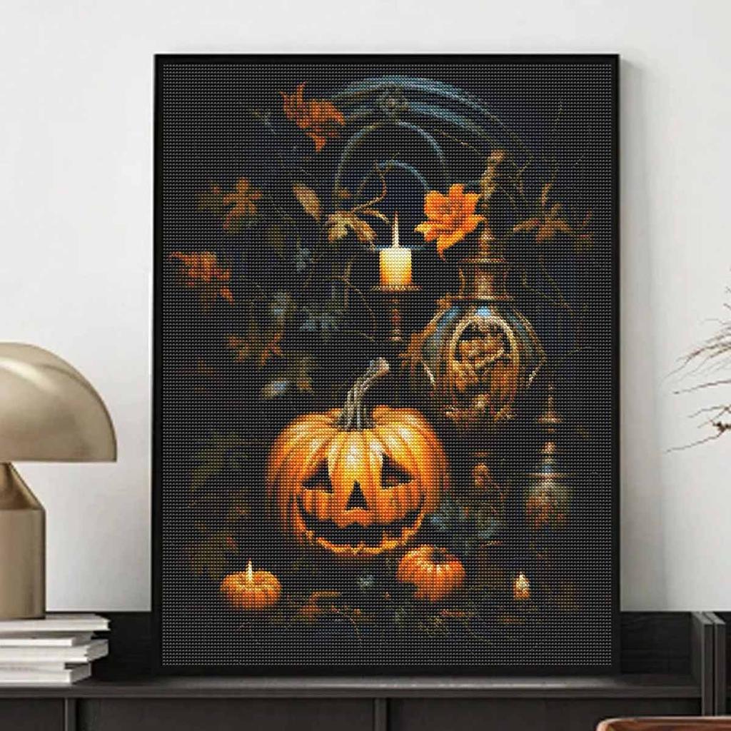 Halloween 5D DIY Diamond Art Painting Kit Pumpkin Candle Decor Home Wall Art Craft Handmade Gift for Autumn Festive Holiday Decoration