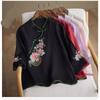 Women Chinese Style Floral Embroidered Mandarin Collar Three Quarter Sleeve Linen Cotton Blend Blouse