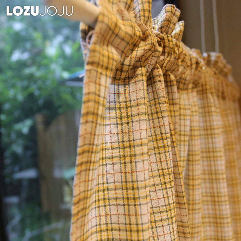 1PC LOZUJOJU Beige Checkered Cherry Decoration Short Curtain Rod Pocket Partition Curtain for Kitchen Living Room Bedroom Cupboard Home Decor