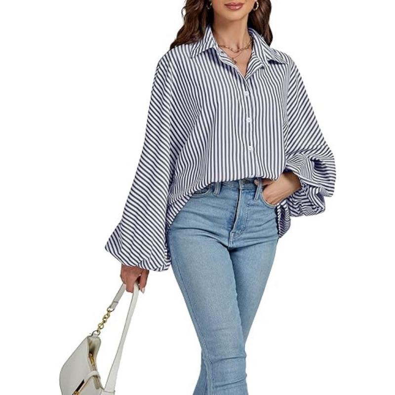 Women's Elegant Loose Casual Single Breasted Striped Shirt Lantern Sleeve Long Sleeve Lapel Shirt