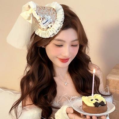 Creative Sequin Birthday Hat Hairpin Velvet Lace Birthday Crown Mesh Korean Hair Accessories Sequined Hat Children's
