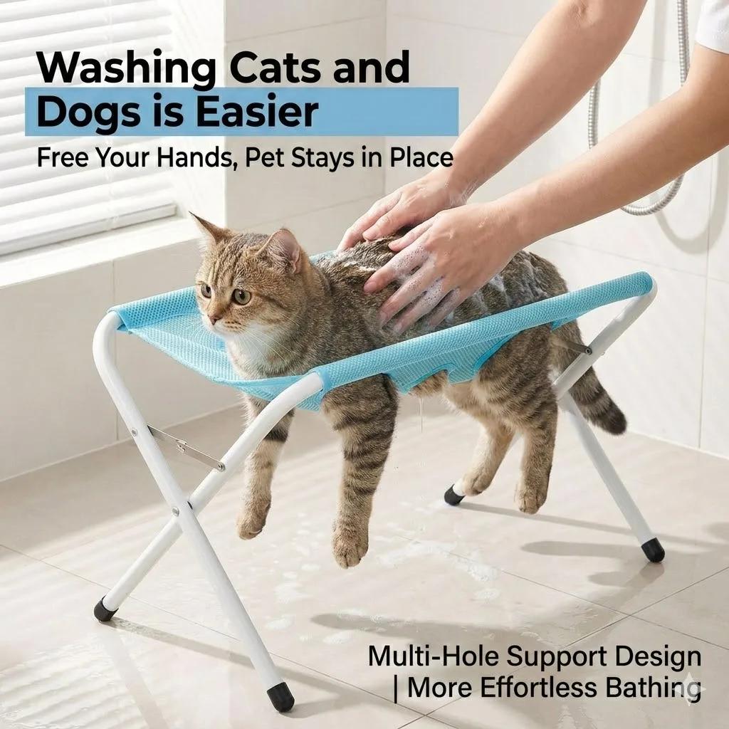 Pet Grooming Hammock Stand, Foldable Breathable Mesh Bath Rack for Cats & Small Dogs, Anti-Escape, Easy To Clean