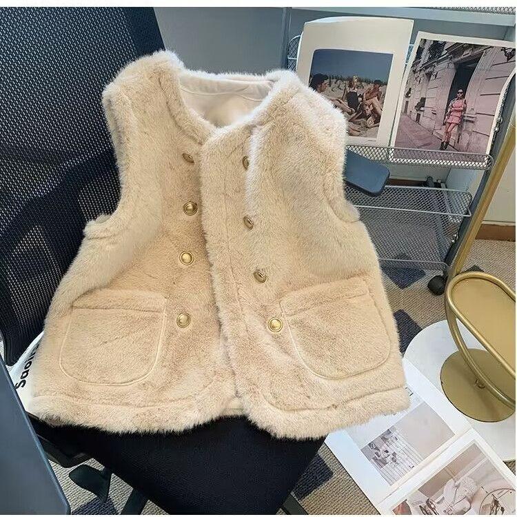 Fashion Double-Breasted Faux Mink Vest for Women, Loose Fit Vest Coat