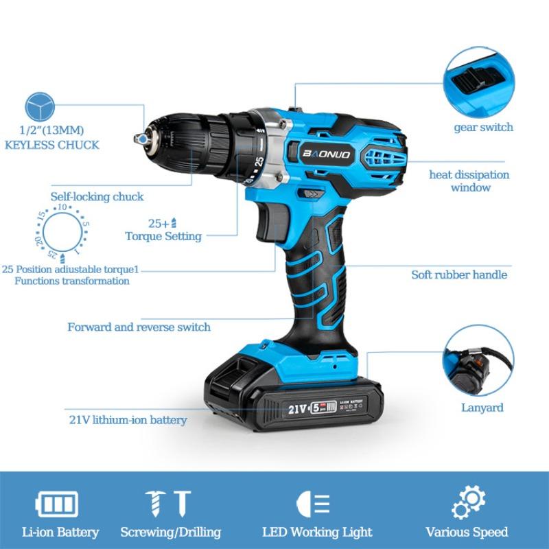 21V Rechargeable Lithium Battery Impact Drill Handheld Portable Electric Screwdriver Electric Drill Set