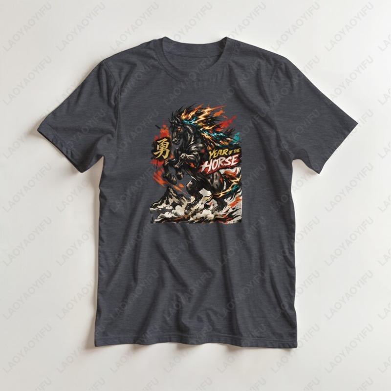 Year Of The Fire Horse 2026 Chinese New Year Unisex Cotton Tshirts Grunge Y2K Horse Graphic Cool Tee Man Aesthetic Streetwear