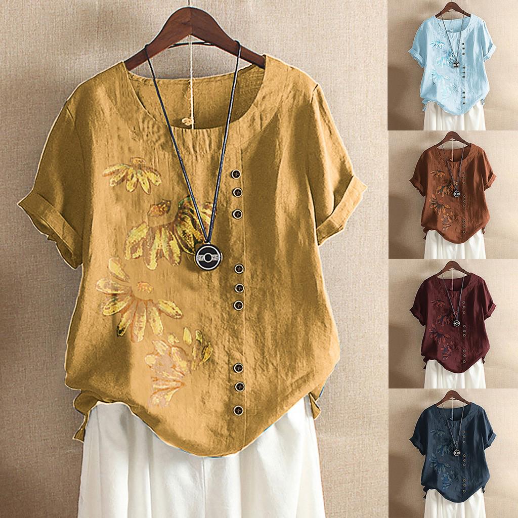 Buy JO Plus Size Women Short Sleeve Cotton Linen O-Neck Button ...