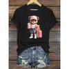 European Size Women'S Casual Cartoon Bear Travel Print T-Shirt - Short Sleeve Crew Neck, Red Top with Pink Luggage & Teddy Bear Design,Cute Shirt