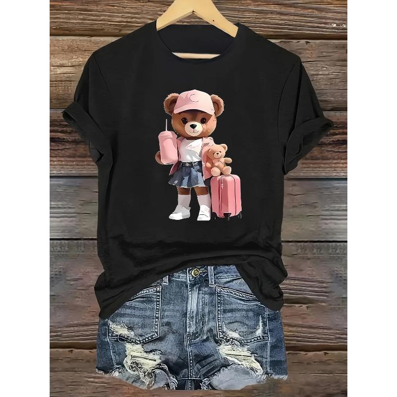 

European Size Women S Casual Cartoon Bear Travel Print T-Shirt - Short Sleeve Crew Neck, Red Top with Pink Luggage & Teddy Bear Design,Cute Shirt 4XL чорний