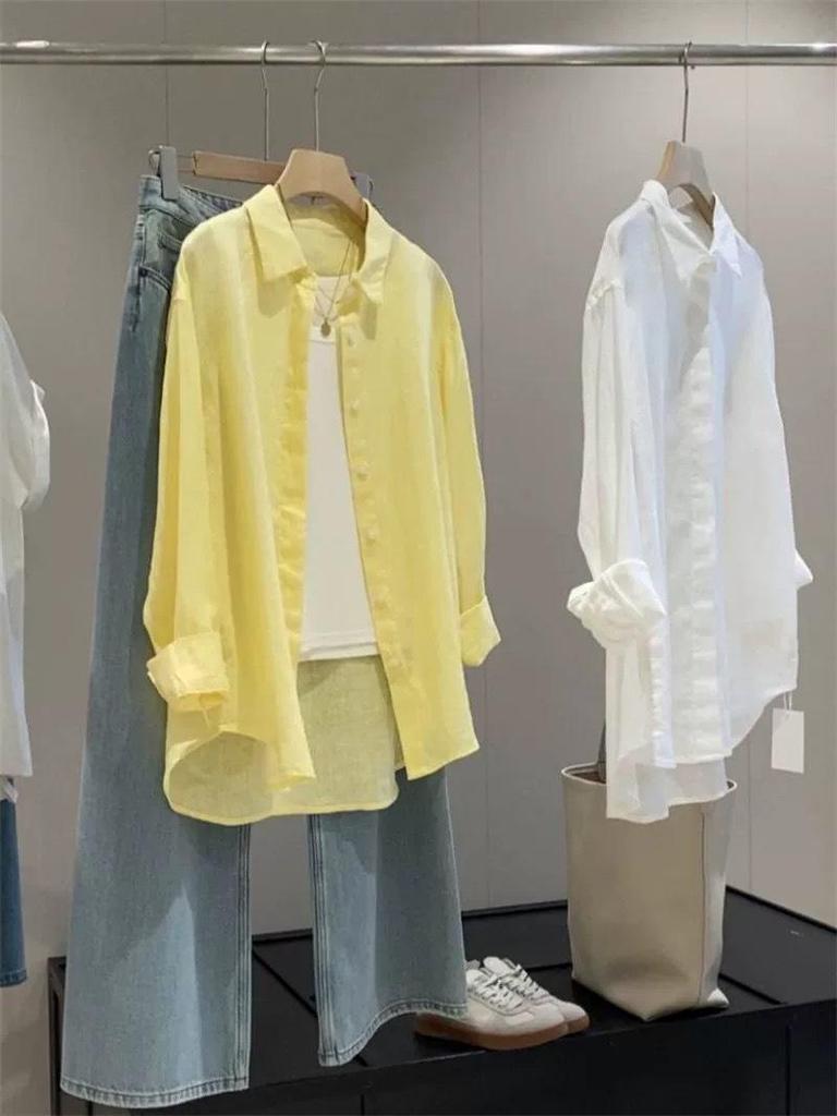 Hochwertiges Französisches Weißes Baumwoll-Leinenhemd für Damen – Sommer Lockerer Schnitt, Langarm, Sonnenschutz, Old Money Stil.