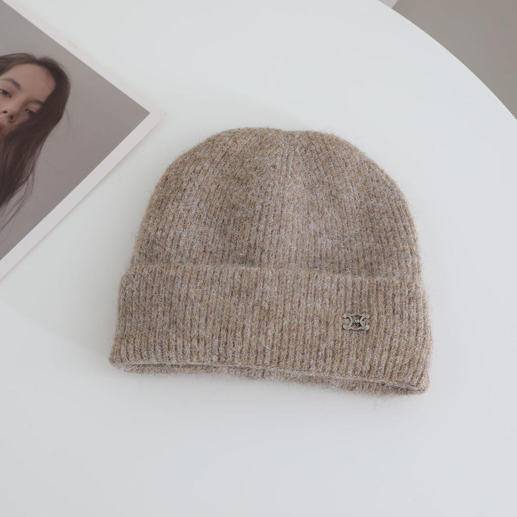 Metal Label Knitted Hats for Women's Autumn and Winter New Products Warm and Thickened Cold Hats Face Enhancing Small Ear Protecting Hats