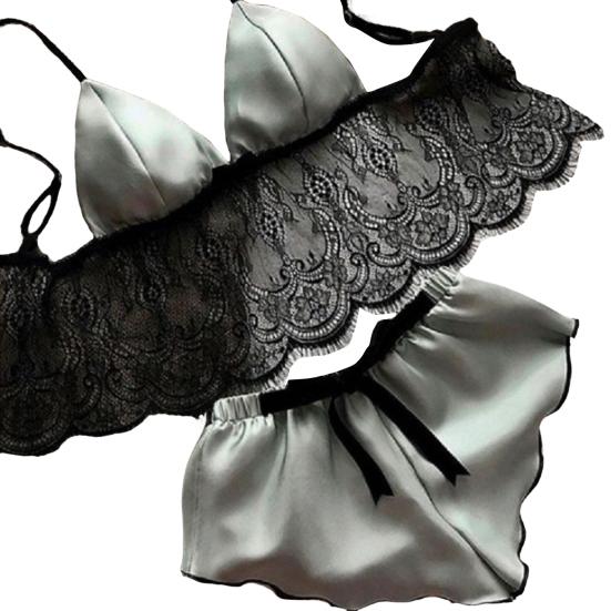 2 stk/sett Dame Pysjamassett Gjennomsiktig blonder hul ut sateng patchwork sløyfe Spaghetti stropp Ermeløs topp elastisk midje shortssett Sommer nattøy