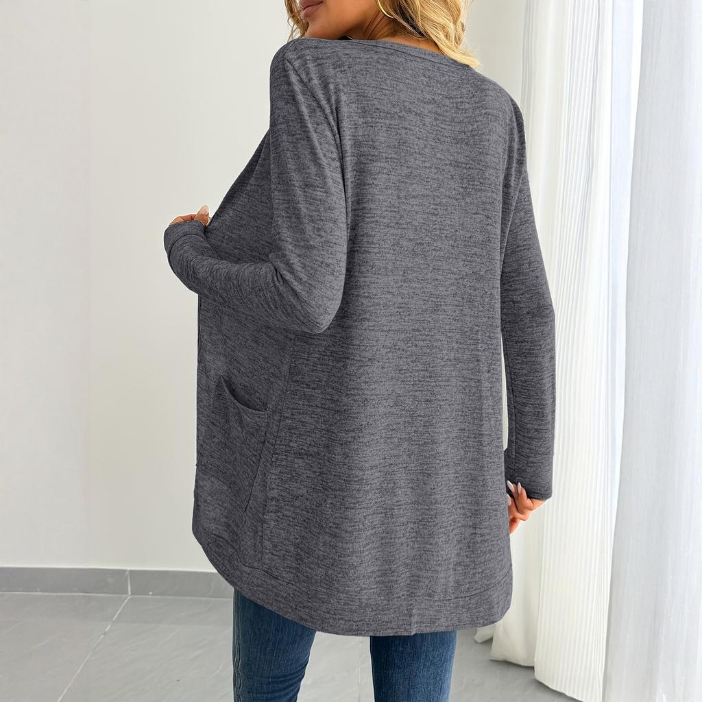 Cárdigan de punto suelto de manga larga con bolsillo para mujer