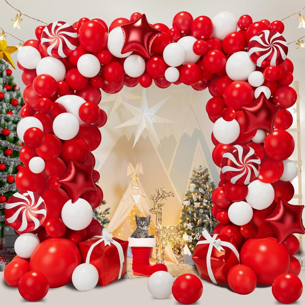 Christmas Balloon Wreath Set with Christmas Red and White Balloon Candy Balloon Gift Box Balloon Christmas Party Decoration