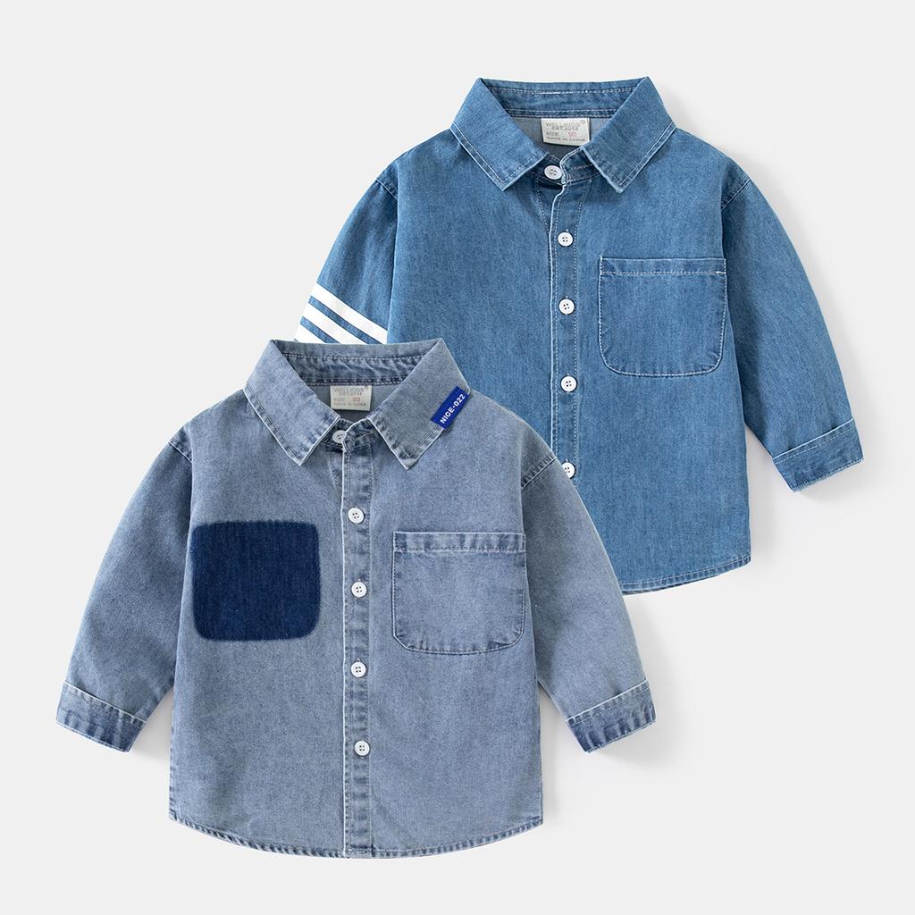 Boys Denim Shirt Long Sleeve Pocket Design Casual Button Down Collared Autumn Fashion Top Clothing for Toddler and Kids