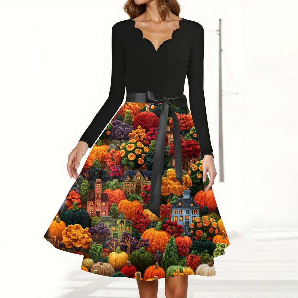 Halloween Print Flare Dress For Women Long Sleeve Dress Hollow Party Casual Dresses