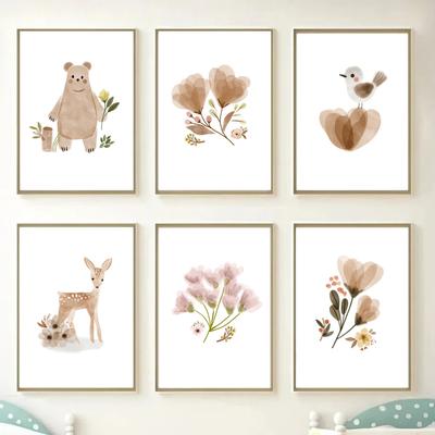 Nordic Kids Bear Giraffe Flower Plant Posters Light Apricot Color Cartoon Animal Canvas Painting Baby Room Wall Art Home Decor