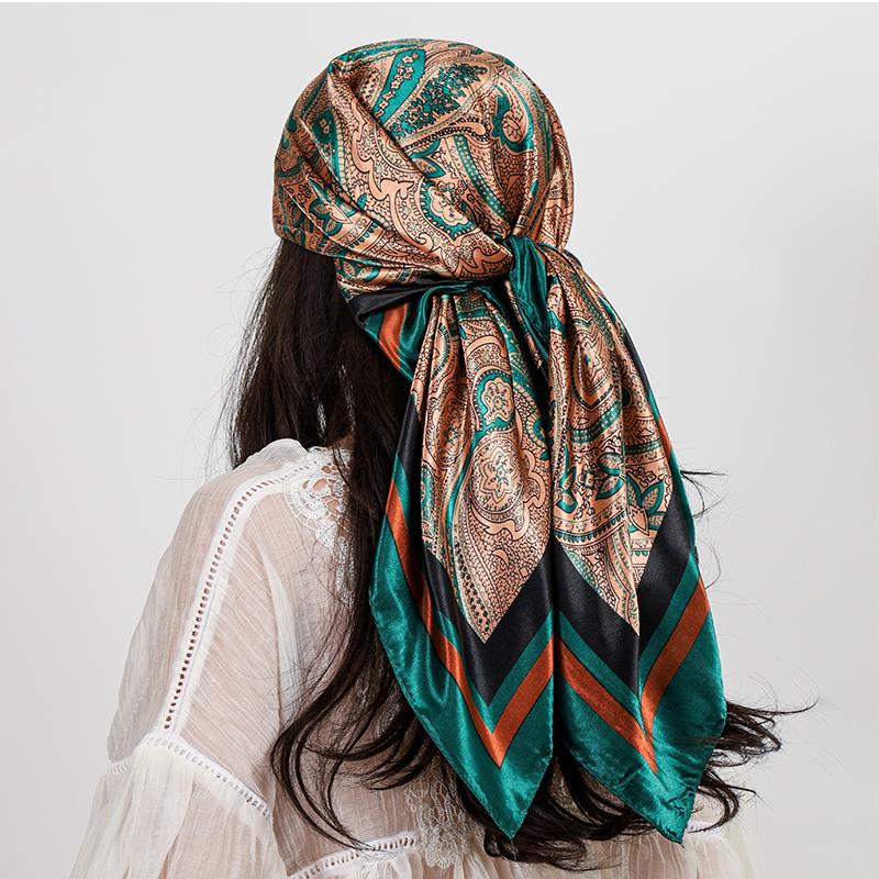 90*90cm Luxury Brand Square Silk Scarf Women Satin Print Hijab Scarves Muslim Pareo Bandana Female Shawl Wrap Headband Foulard