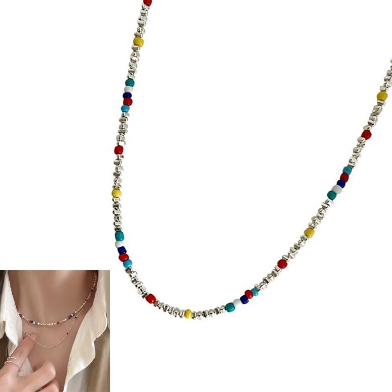 Layer Multicolor Beaded Chokers Necklace With Silver Accent for Dopamine Dressing and Everyday Stylish Accessories