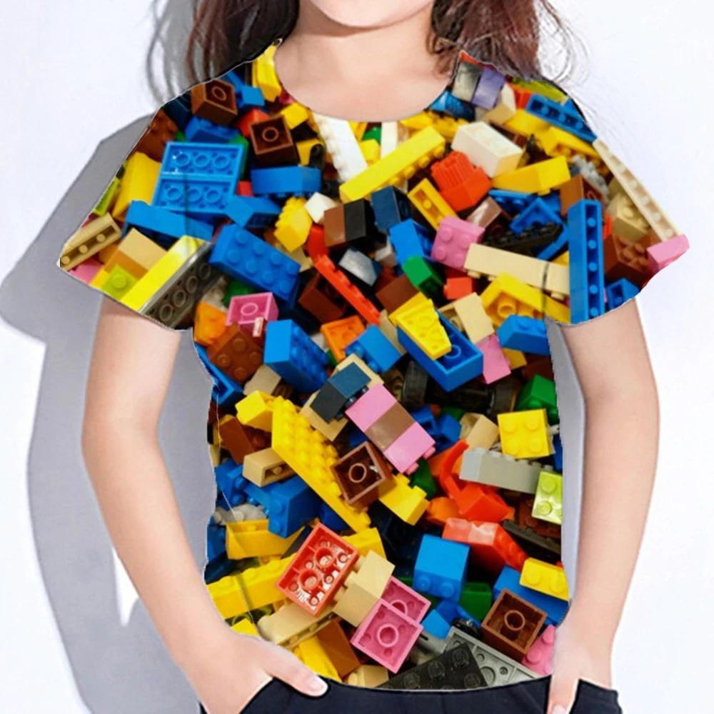 3D Colourful Bricks Short Sleeve Tshirts Summer Children's Boy's Clothing T-Shirt For Girls Kids Clothes Fashion 2026 Tees Tops