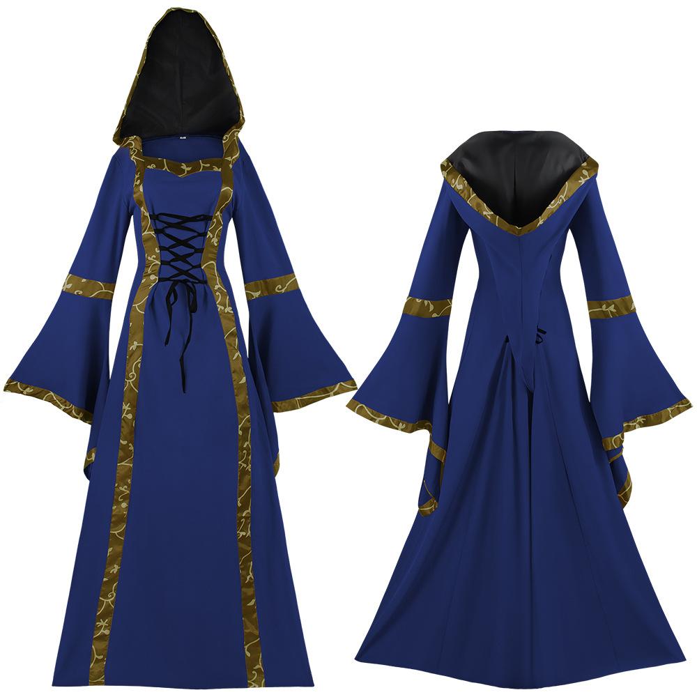 Medieval Clothing Retro Hooded Dress Square Neck Strap-up Flared Sleeve Big Swing Dress Performance Clothing