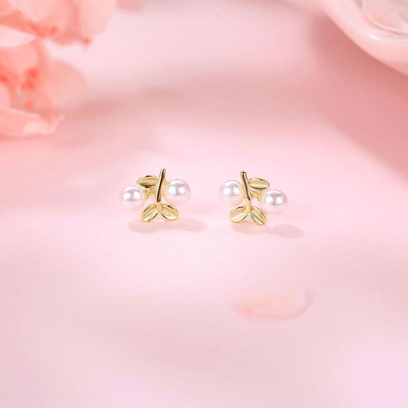 Mini Pearl Cherry Earrings Sprouted Cute Earrings Temperament Gifts for Girlfriend