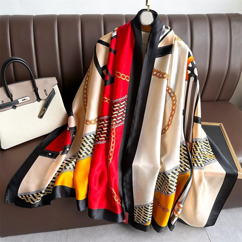 Chain Color Matching Large Size Shawl Imitation Silk Autumn and Winter Scarf Versatile Long Scarf Thin Brocade Silk Scarf Tide