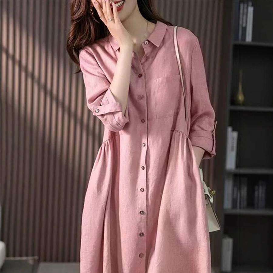 Elegant French Linen Shirt Dress, Trendy Minimalist Spring/Autumn New Slim Fit Solid Color Dress