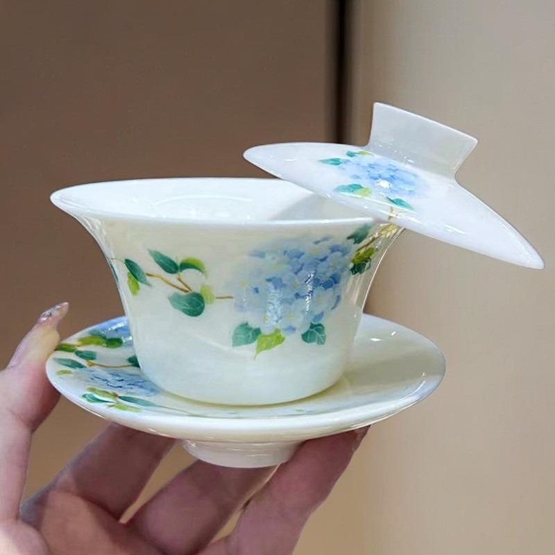 

Sheep Fat Jade Can Hover Over The Lid Bowl Chinese Style Ceramic Tea Bowl Household Tea Cup Hydrangea Underglaze Colored Tea Cup