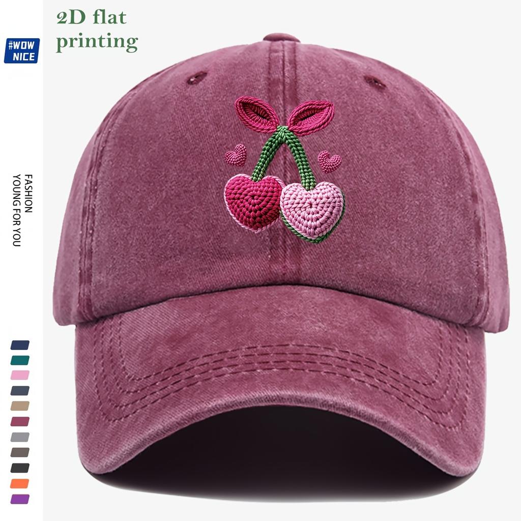 pc ThreeDimensional Flat IronOn Cherry Baseball Cap Crocheted PinkPurple Heart Cherries with Green Leaf Vines Accented wit