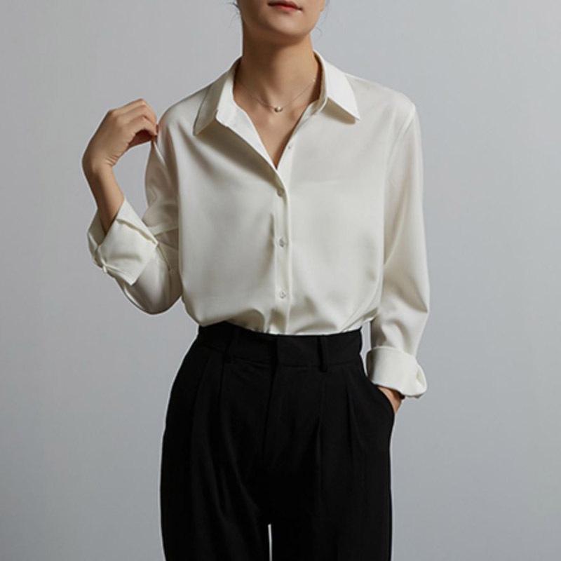 Women's Satin Shirt Autumn New Interview Shirt Light Workplace Commuting Shirt Top Olive Green Shirt