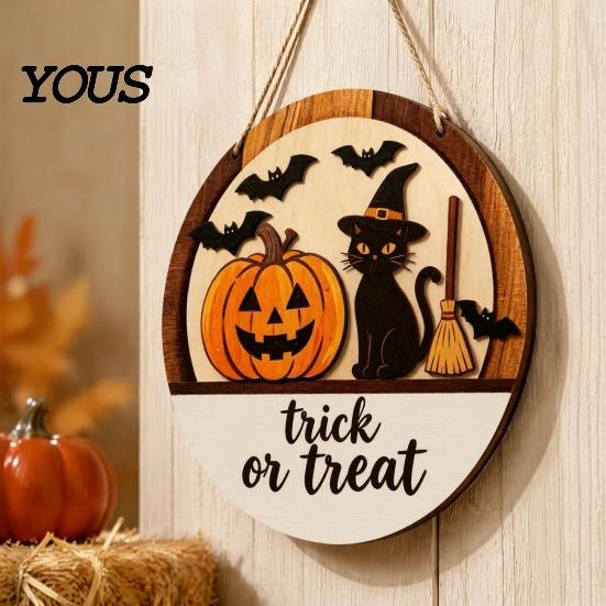 Handmade Wood Sign Halloween Layered Round Door Hanger, 3D Pumpkin Ghost Owl Welcome Sign, Front Porch Seasonal Plaque Farmhouse Wall Hanging