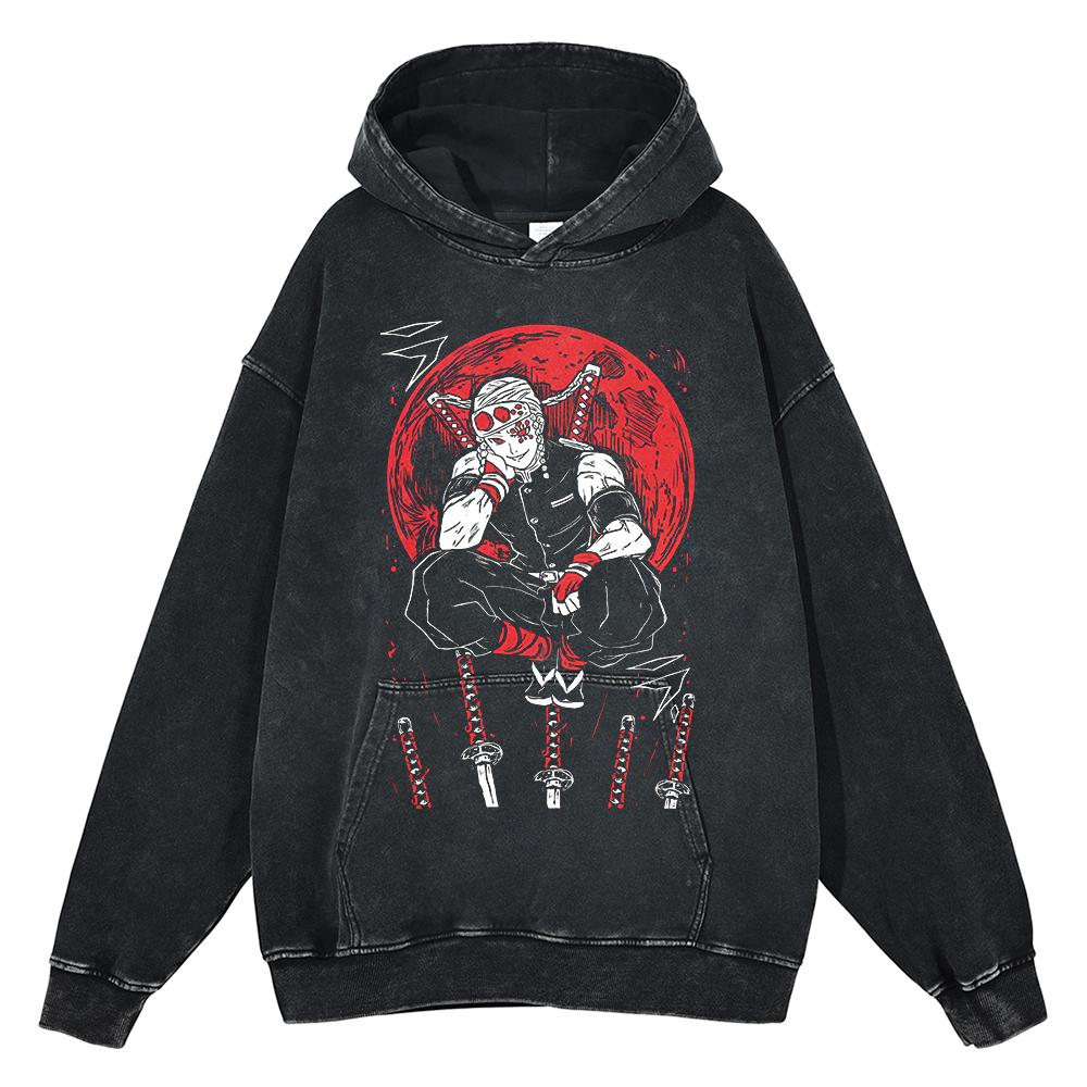 Japan Anime Demon Slayer Rengoku Kyoujurou Graphic Washed Hooded Men Manga High Quality Hoodies Harajuku Male Cotton Sweatshirt