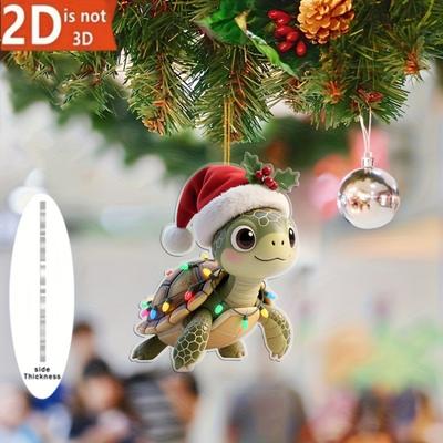 Turtle Shape Christmas Ornament with Santa Hat 2D Acrylic Xmas Tree Decor for Indoor