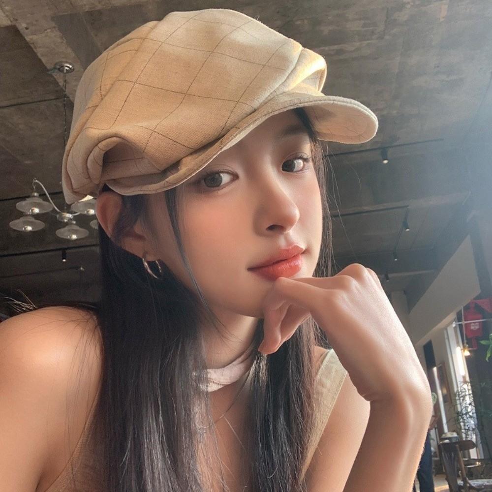 Vintage Octagonal Cap Newsboy Peaked Hat Korean Plaid Beret  Women