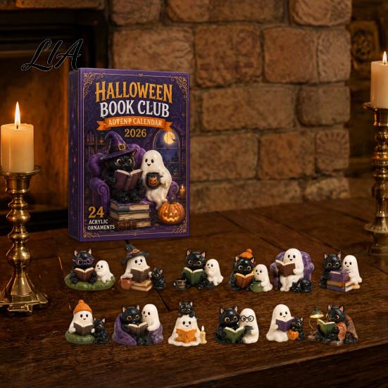Halloween Advent Calendar Dog Cat Calendar, 24-Day Acrylic Figure Countdown Set Holiday Box with Witch Pumpkin Ghost Outfits, Collectible Desk Display