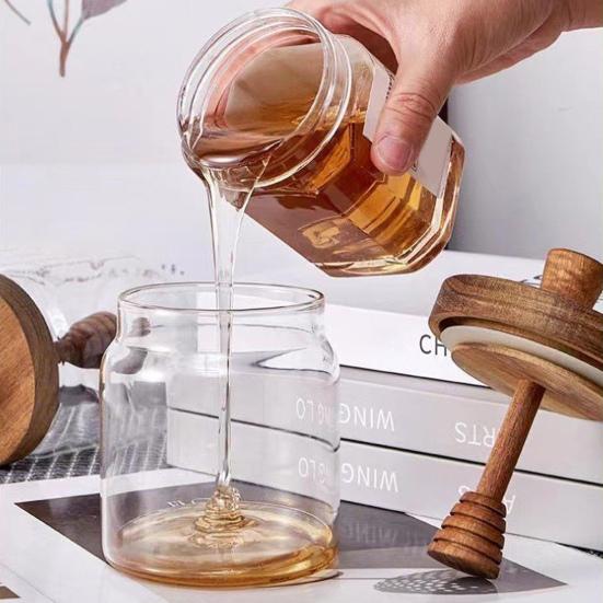 Glass Honey Jar 400ml Transparent Sealed Tank with Wooden Lid Dip Sticks Airtight Canister Syrup Dispenser for Home Kitchen Bar