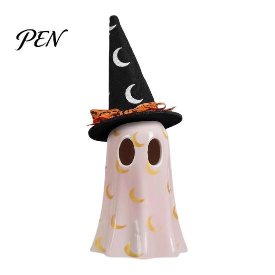 Gifts for Halloween Light Up Ghost Decoration, Cute Spooky Witch Hat Figurine, Festive Holiday Party Decor Resin LED Lighted Statue Mantel,