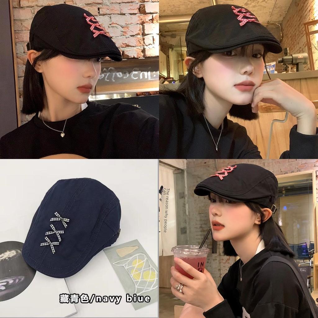 Sophisticated Vintage Beret With Bow For Women Black Cotton Blend Newsboy Cap