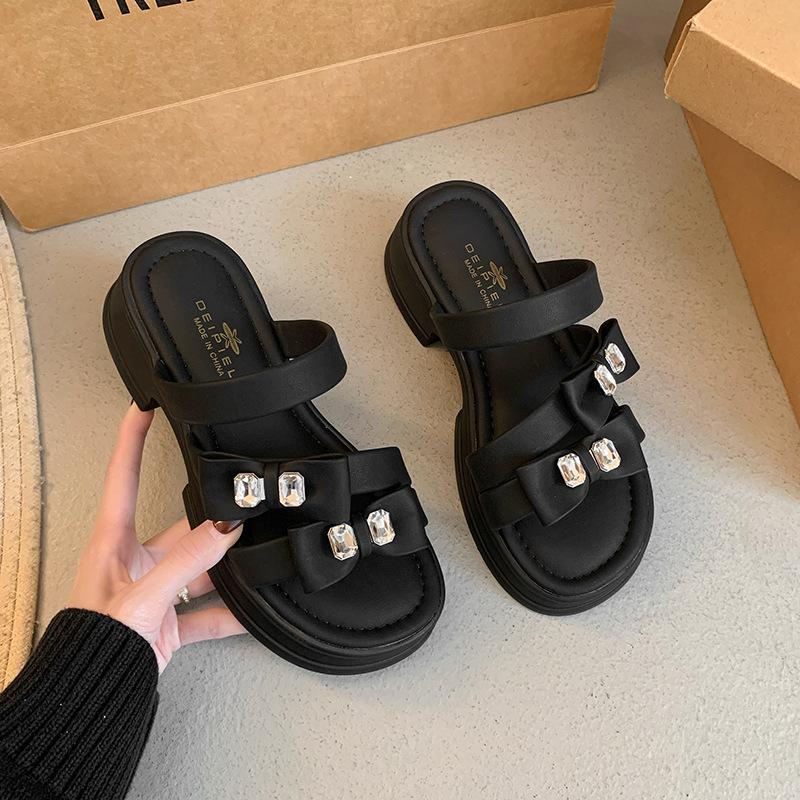 

Daily casual flower rhinestone outer wear cool slippers female summer fairy versatile one-word drag 35 чёрный