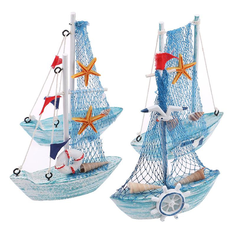 1PCS Mediterranean Style Marine Nautical Wooden Blue Sailing Boat Ship Wood Crafts Ornaments Party  Home Decoration
