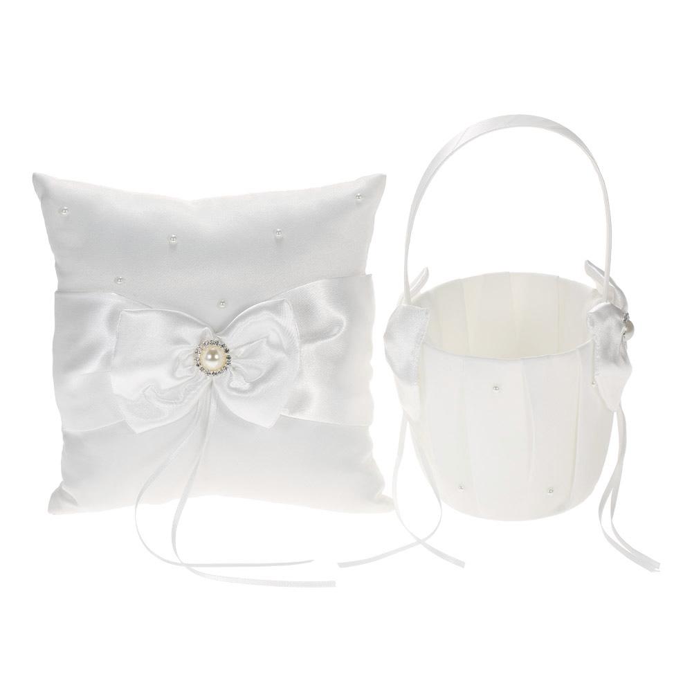 7 * 7 Inches White Satin Bowknot Rhinestone Decorated Ring Bearer Pillow and Wedding Flower Girl Basket Set