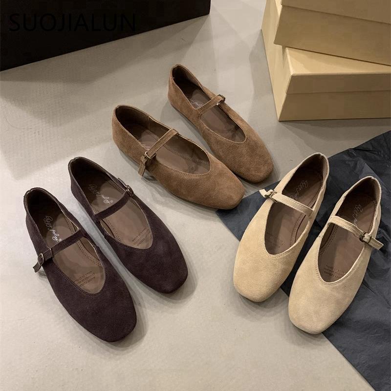 Fashion SUOJIALUN 2024 Autumn Women Flat Shoes Fashion Round Toe Ladie Ballerinas Shoes Soft Flat Heel Outdoor Casual Mary Jane Shoes