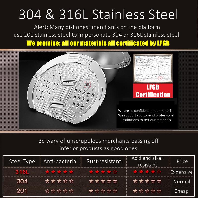 Multifunctional LFGB Certificated 316L Stainless Steel Rice Washer 304 Stainless Steel Fruit and Vegetable Slicer Cutter 2 in 1