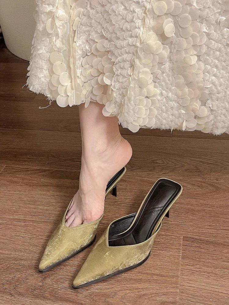 Fashion 2025 New Thin Pointed Thin Heel V-mouth High Heel Temperament Bao Head Half Slippers Women Wear