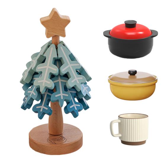 Wooden Christmas Tree Trivets for Hot Dishes Foldable Coasters Pot Holders Heat Resistant Silicone Table Protector Creative Gift for Home Kitchen
