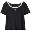 Shangdoubila Contrast U-Neck Bow Embroidered Knit Top