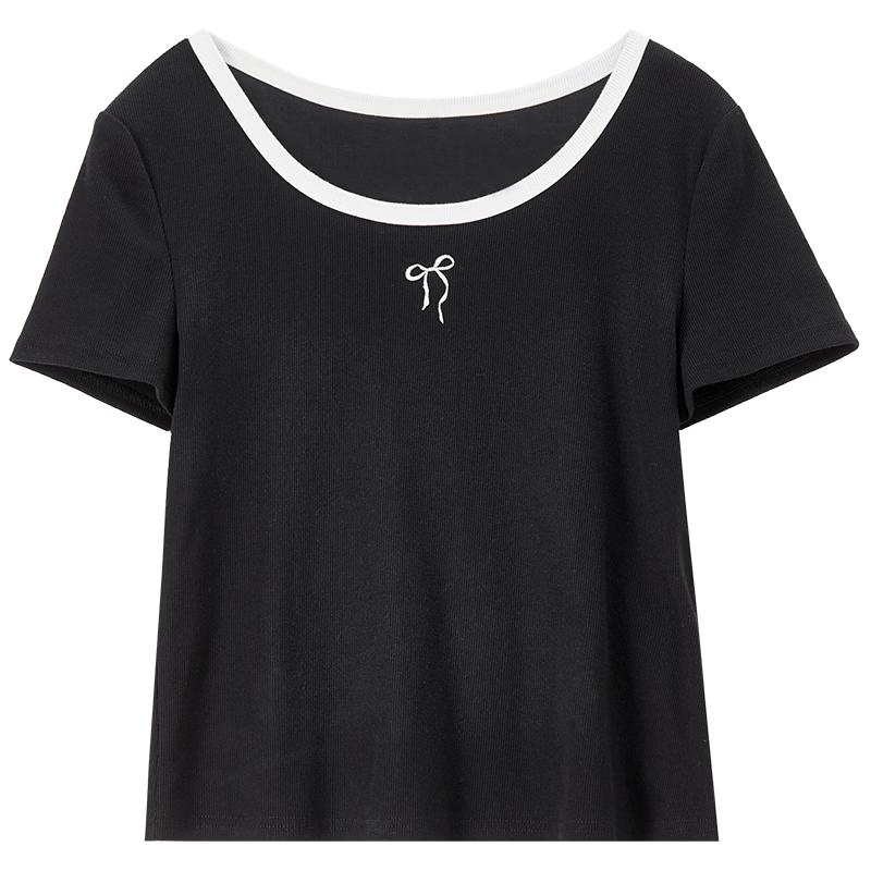 Shangdoubila Contrast U-Neck Bow Embroidered Knit Top