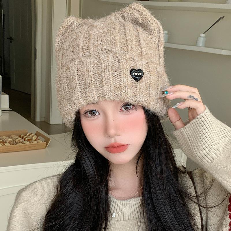 Cute Cat Ears Woolen Hat for Women Autumn and Winter Outdoor Anti Cold Hat Plus Velvet Thickened Warm Ear Protection Knitted Hat
